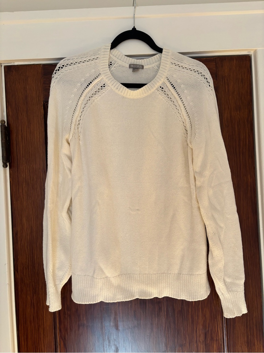 Falls Creek Cream Crewneck Sweater with Eyelet Raglan Detail